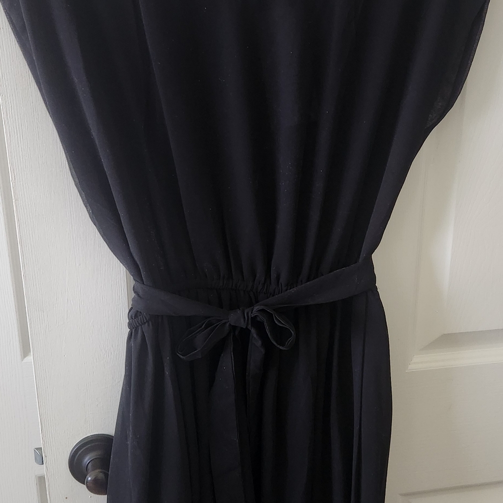 NWT Solid Chiffon Cap-Sleeve Belted Black Mid- length dress - Picture 6 of 6